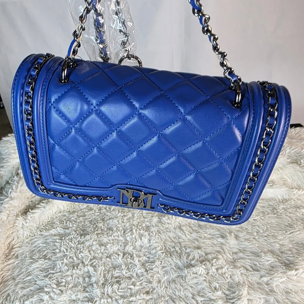 Badgley Mischka Blue Quilted Crossbody Bag BM-4152‎ Chain Trim NWT
